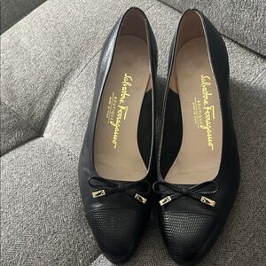 Salvatore Ferragamo Black Textured Cap Toe Flats